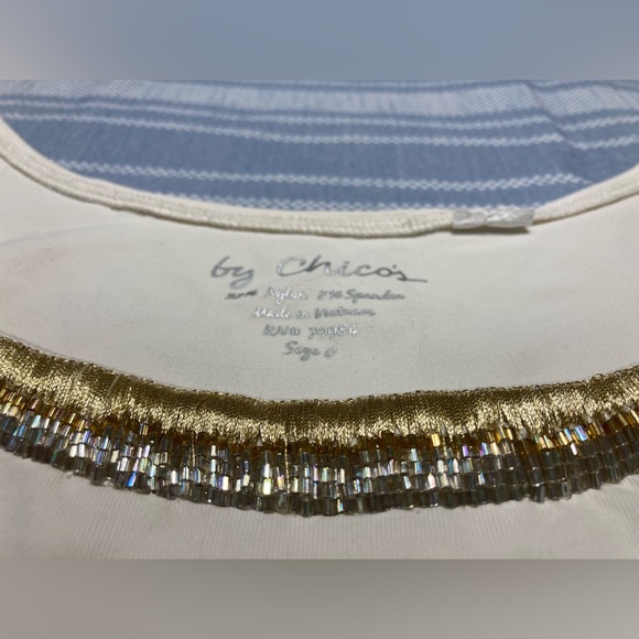 Chico's Tops - 💛TODAY***$15***by Chico’s off-white tank top. Metallic gold threading w beads